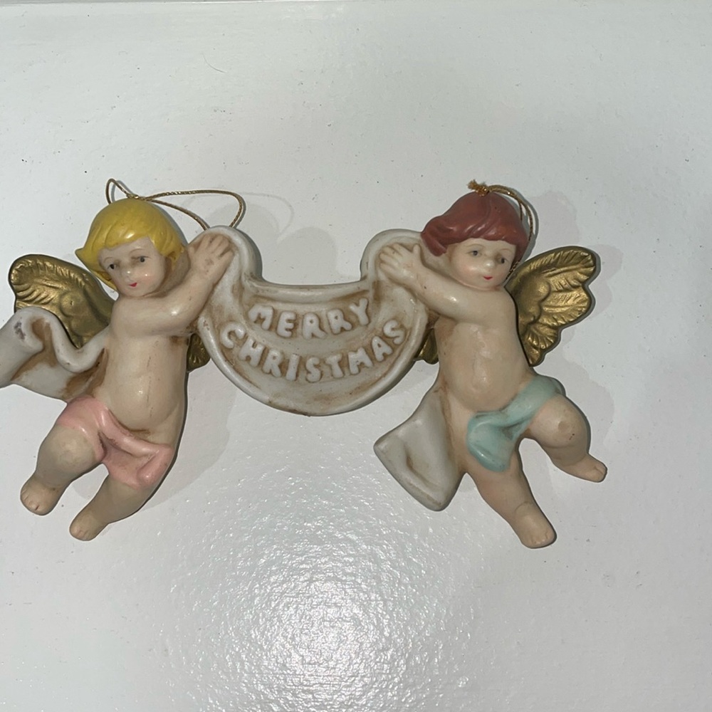 Vintage Bisque Porcelain  Cherubs /  Angels Holding Merry Christmas Banner